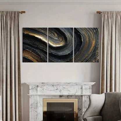 3pcs Abstract Swirls Golden Lines Dark Background Metal Print Ready to Hang Art - Bella Home Decor