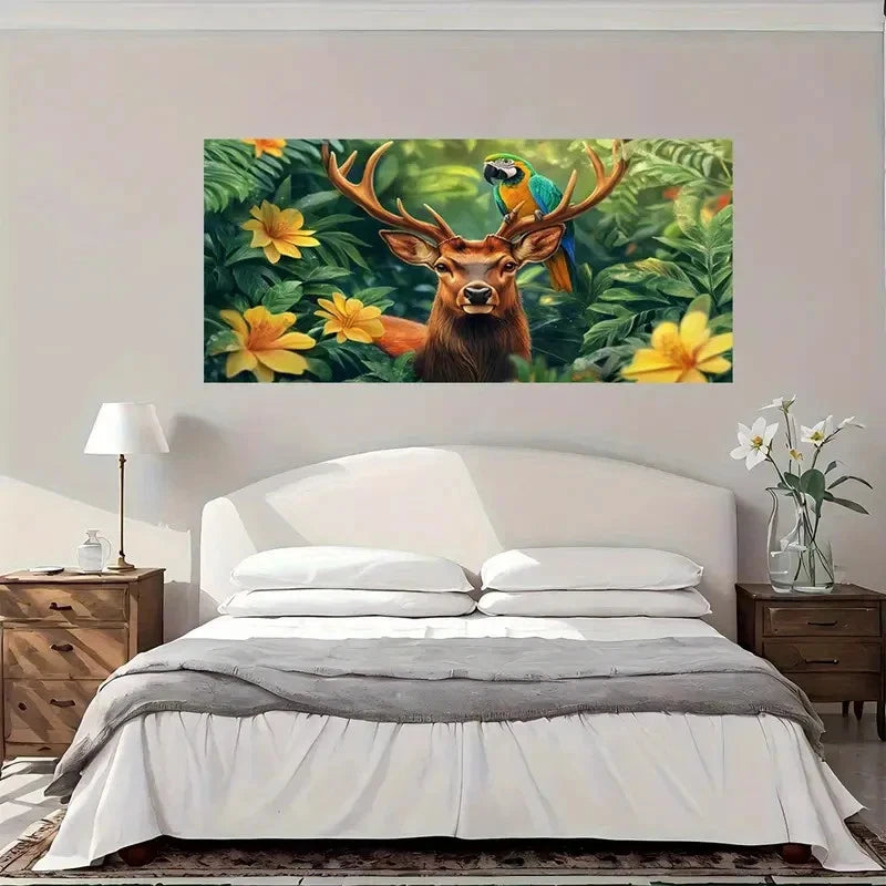 Antler Forest Parrot Floral Wall Art Canvas Office Home Room Framed 120x60cm