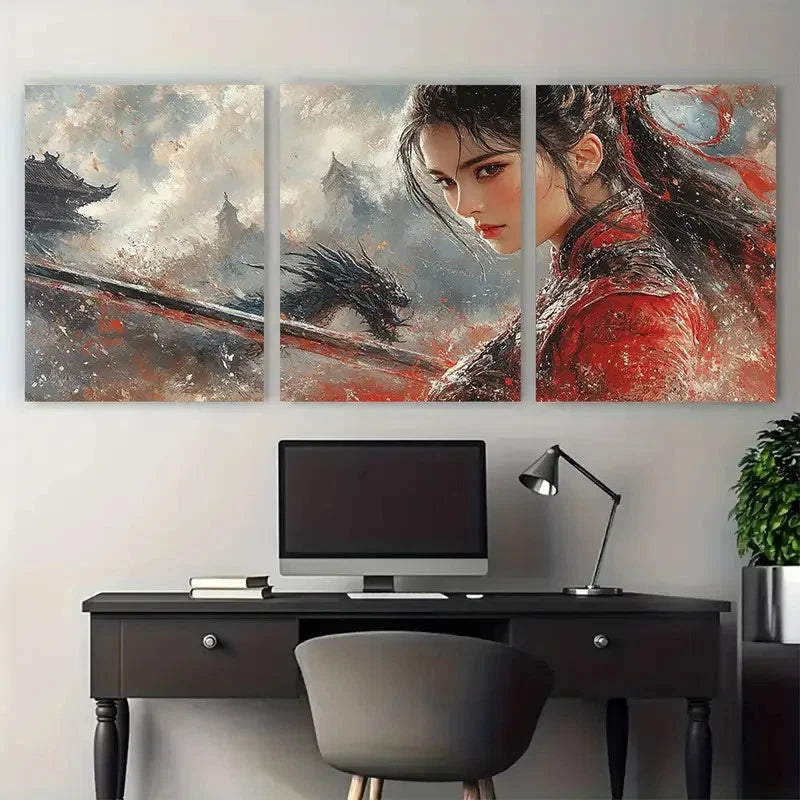 3pcs Asian Warrior Lady with Sword Dragon Fantasy Metal Print Ready to Hang Art - Bella Home Decor