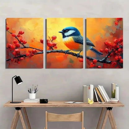 3pcs Vibrant Tufted Chickadee Blue & Orange Birds Metal Print Ready to Hang Art - Bella Home Decor