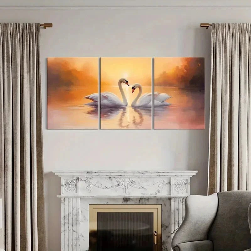 3pcs Swan Couple in Lake Sunset Serene Metal Print Ready to Hang Art - Bella Home Decor