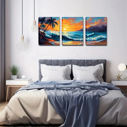 3pcs Coastal Landscape with Palm Trees & Ocean , Wall Art Set Canvas Framed 40x60cm - High Quality Print 100% Australian Made Wall Canvas Ready to Hang