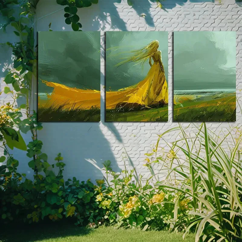 3pcs Yellow Skirt Woman Design Metal Print Ready to Hang Art - Bella Home Decor