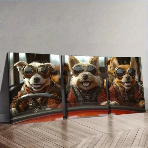 3pcs Dogs Driving A Car With Sunglasses Wall Art Set Wall Art Canvas Unframed - High Quality Print 100% Australian Made Wall Canvas - Bella Home Decor