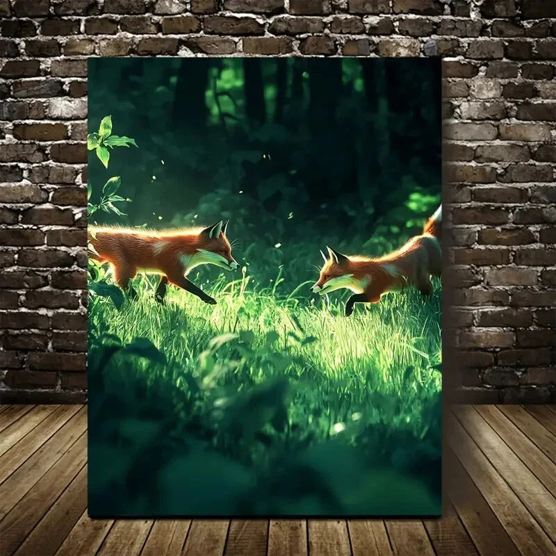 Realistic Foxes in Lush Green Meadow Scene 40x60cm Metal Print Ready to Hang - Bella Home Decor