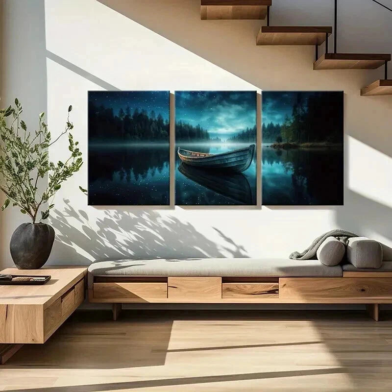 3pcs Tranquil Lake Starry Night Wooden Boat Wall Art Set Canvas Framed 40x60cm - High Quality Print 100% Australian Made Wall Canvas Ready to Hang - Bella Home Decor