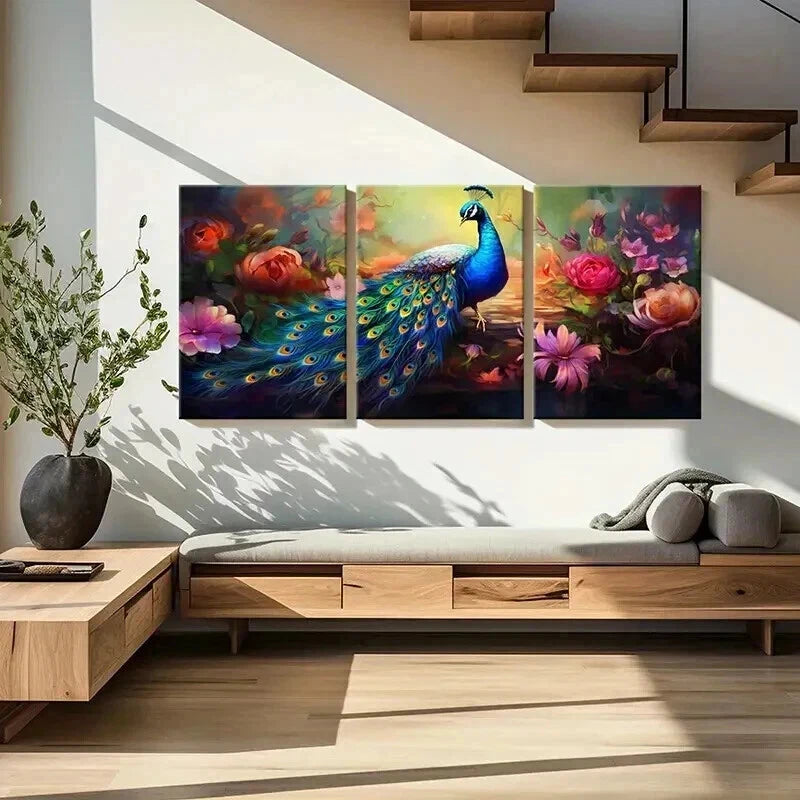 3pcs Peacock & Flower Abstract Aesthetic Wall Art Set Canvas Framed 60x90cm - High Quality Print 100% Australian Made Wall Canvas Ready to Hang - Bella Home Decor