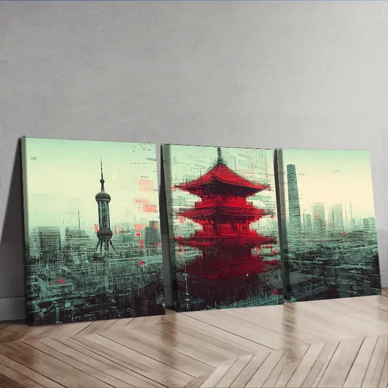3pcs Chinese-Style Tower Modern Classic Design Wall Art Set Canvas Unframed - High Quality Print 100% Australian Made Wall Canvas - Bella Home Decor
