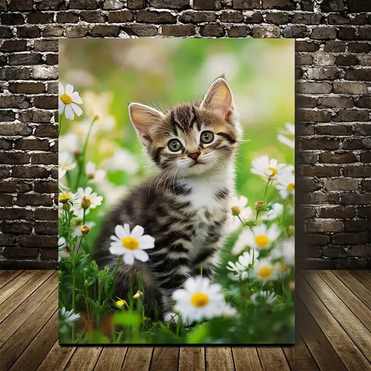 Adorable Tabby Kitten Flowers & Plants Painting 40x60cm Metal Print Ready to Hang