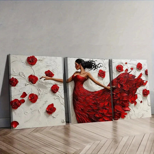 3pcs The girl dancing in the red dress Wall Art Set Canvas Framed 40x60cm - High Quality Print 100% Australian Made Wall Canvas Ready to Hang