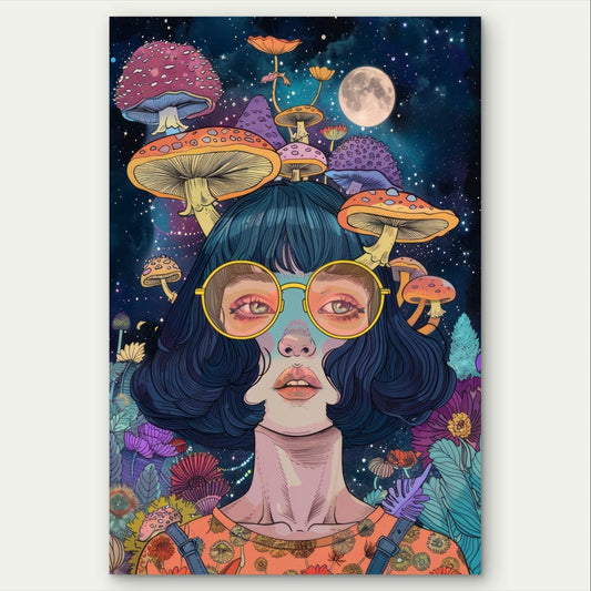 Psychedelic Pop Art Girl Portrait and Mushroom 40x60cm Metal Print Ready to Hang