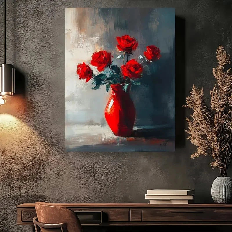 Beautiful Modern Abstract Red Rose Painting 40x60cm Metal Print Ready to Hang - Bella Home Decor