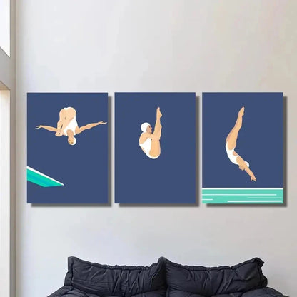 3pcs Dynamic Diver Poses in Blue & White Wall Art Set Canvas Framed 40x60cm - High Quality Print 100% Australian Made Wall Canvas Ready to Hang