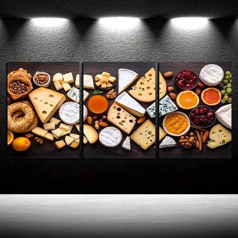 3pcs Vibrant Gourmet Food & Cheese Platter Metal Print Ready to Hang Art - Bella Home Decor