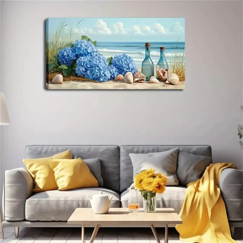Ocean Scene Hydrangeas Seashell Wall Art Canvas Office Home Room Framed 120x60cm - Bella Home Decor
