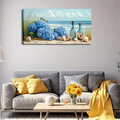 Ocean Scene Hydrangeas Seashell Wall Art Canvas Office Home Room Framed 120x60cm - Bella Home Decor
