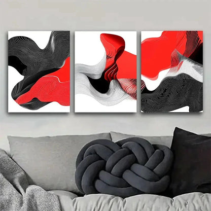 3pcs Red and Black Abstract Wave Design Metal Print Ready to Hang Art - Bella Home Decor
