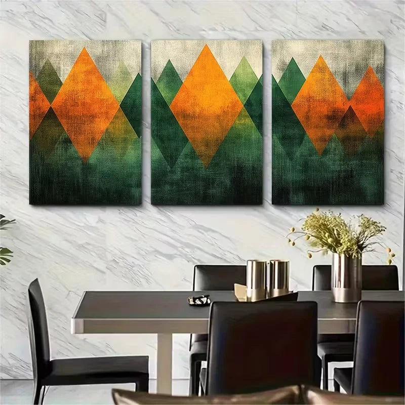 3pcs Green Orange Pattern with Light Texture Metal Print Ready to Hang Art