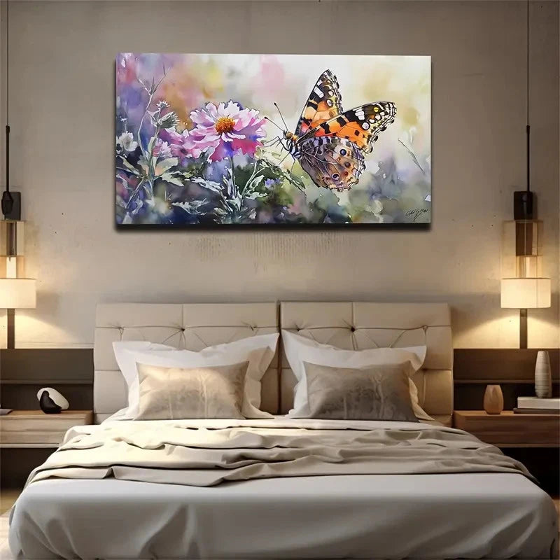 Butterfly On Pink Flowers Suit Wall Art Canvas Office Home Room Framed 120x60cm