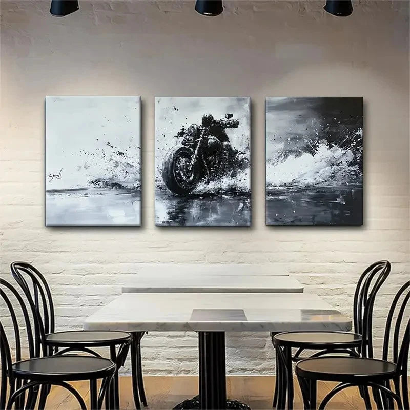 3pcs Black & White Motorcycle Metal Print Ready to Hang Art - Bella Home Decor