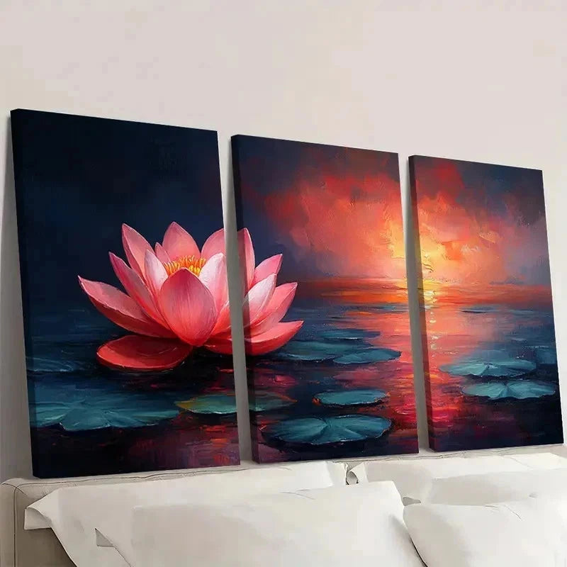 3pcs Lotus Art with Vibrant Colors Lines G Wall Art Set Canvas Framed 50x70cm - High Quality Print 100% Australian Made Wall Canvas Ready to Hang