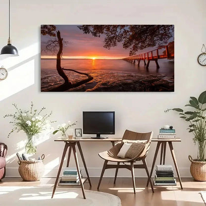 Coastal Landscape Sunset Retro Wall Art Canvas Office Home Room Framed 120x60cm