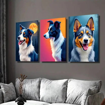 3pcs Vibrant Moonlight Sky Forest Collie Dog Wall Art Set Canvas Unframed - High Quality Print 100% Australian Made Wall Canvas