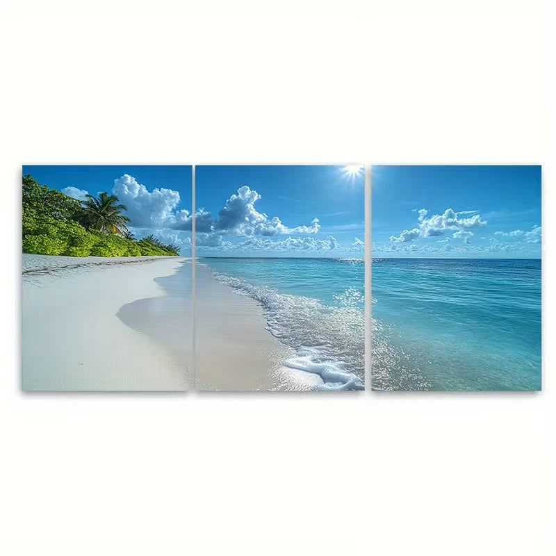 3pcs Soft White Sand, Shimmering Ocean, Sunny Sky Metal Print Ready to Hang Art