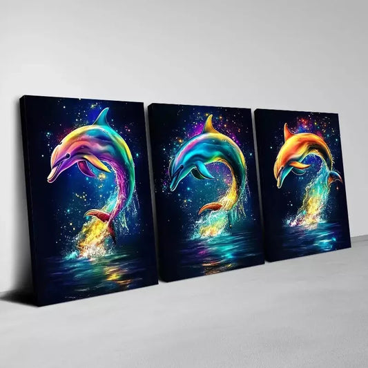 3pcs Colorful Charming Dolphins Wall Art Set Canvas Framed 50x70cm - High Quality Print 100% Australian Made Wall Canvas Ready to Hang