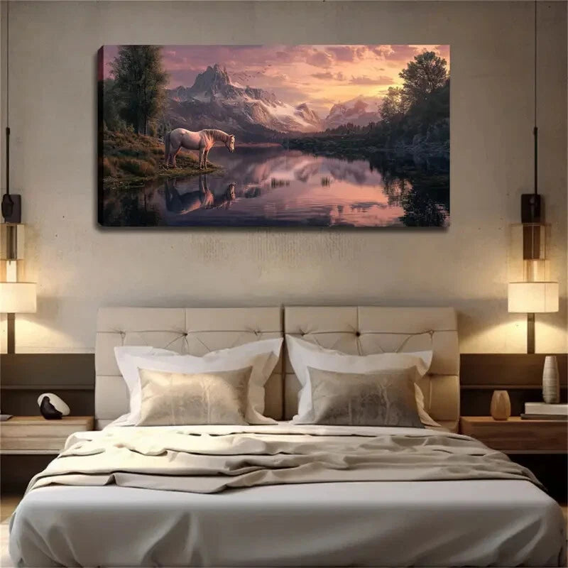 Realistic Mountain Lake Lands Wall Art Canvas Office Home Room Framed 120x60cm - Bella Home Decor