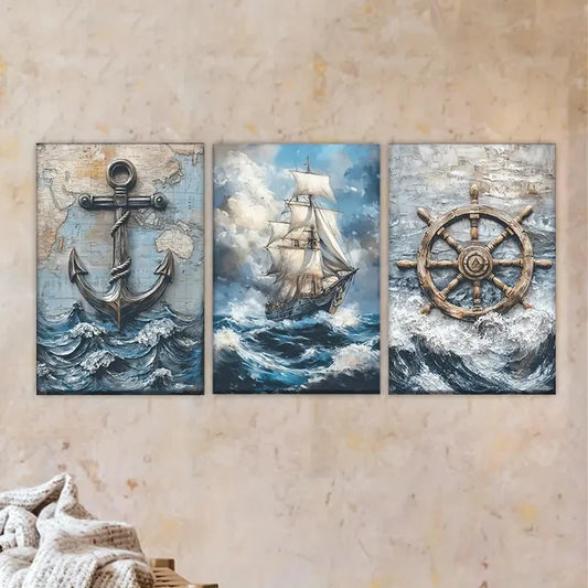 3pcs A painting of a ship in the ocean Wall Art Set Canvas Framed 60x90cm - High Quality Print 100% Australian Made Wall Canvas Ready to Hang