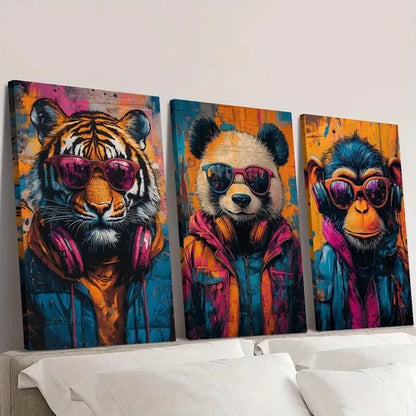 3pcs Animals wearing glasses and headphones Wall Art Set Canvas Unframed - High Quality Print 100% Australian Made Wall Canvas - Bella Home Decor
