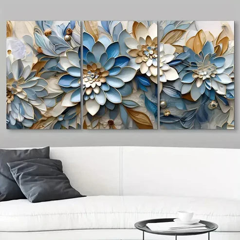 3pcs Blue White and Gold Abstract Flower Pattern Wall Art Set Canvas Unframed - High Quality Print 100% Australian Made Wall Canvas