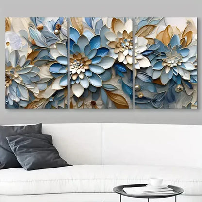3pcs Blue White and Gold Abstract Flower Pattern Wall Art Set Canvas Unframed - High Quality Print 100% Australian Made Wall Canvas