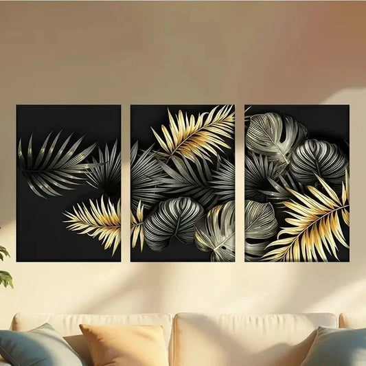 3pcs Tropical Leaf Designs on Black Background Wall Art Set Canvas Framed 60x90cm - High Quality Print 100% Australian Made Wall Canvas Ready to Hang