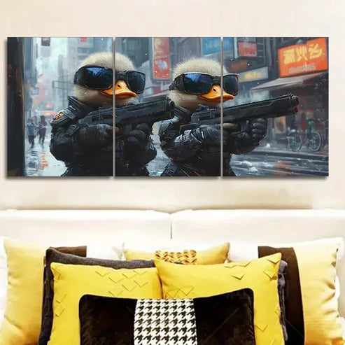 3pcs Two Cute Baby Ducks in Cyberpunk Armor Wall Art Set Canvas Unframed - High Quality Print 100% Australian Made Wall Canvas