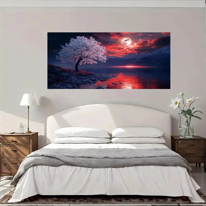Cherry Blossom Lake Moon Lands Wall Art Canvas Office Home Room Framed 120x60cm