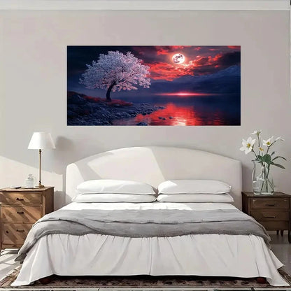 Cherry Blossom Lake Moon Lands Wall Art Canvas Office Home Room Framed 120x60cm