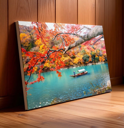 Autumn River Landscape with Boat Wall Art Canvas Office Home Framed 120x60cm