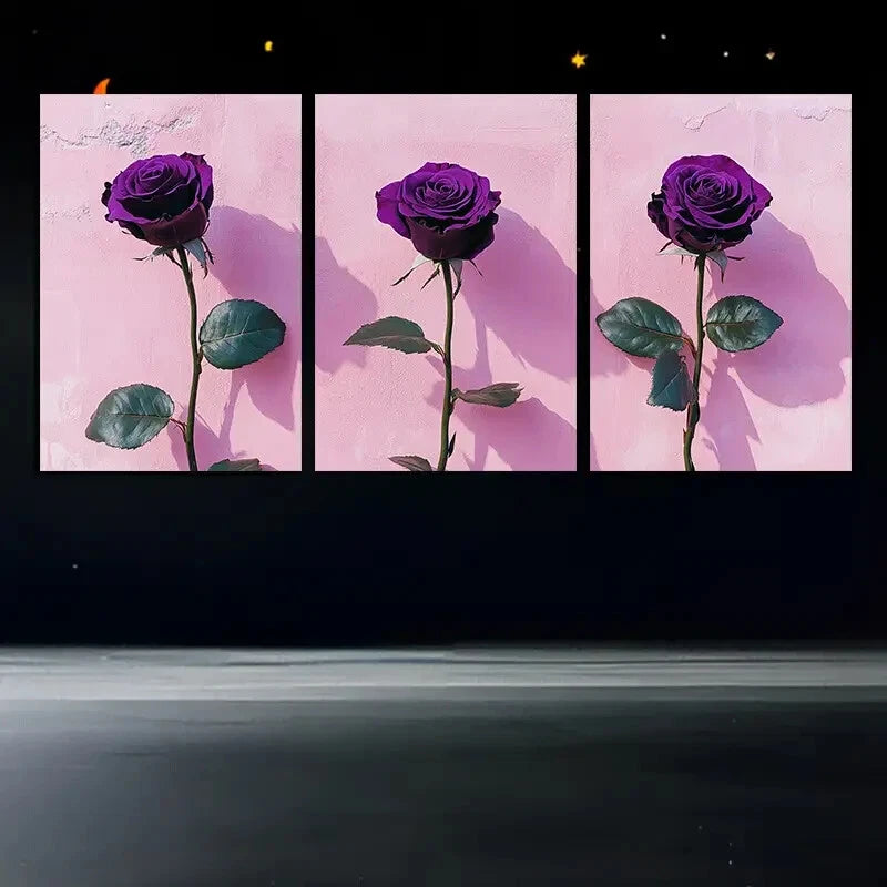 3pcs Vibrant Purple Rose in Pink Background Metal Print Ready to Hang Art - Bella Home Decor