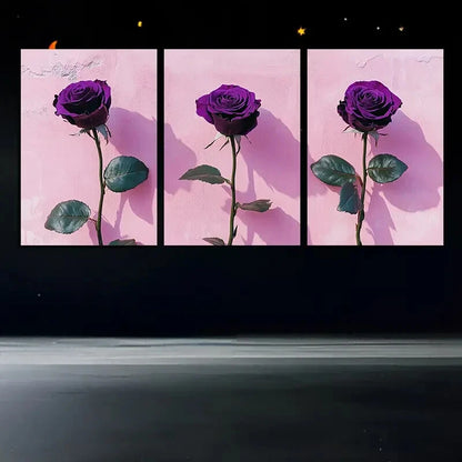 3pcs Vibrant Purple Rose in Pink Background Metal Print Ready to Hang Art - Bella Home Decor