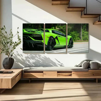 3pcs Green Sports Car & Super Car Themed Wall Art Canvas Unframed - High Quality Print 100% Australian Made Wall Canvas