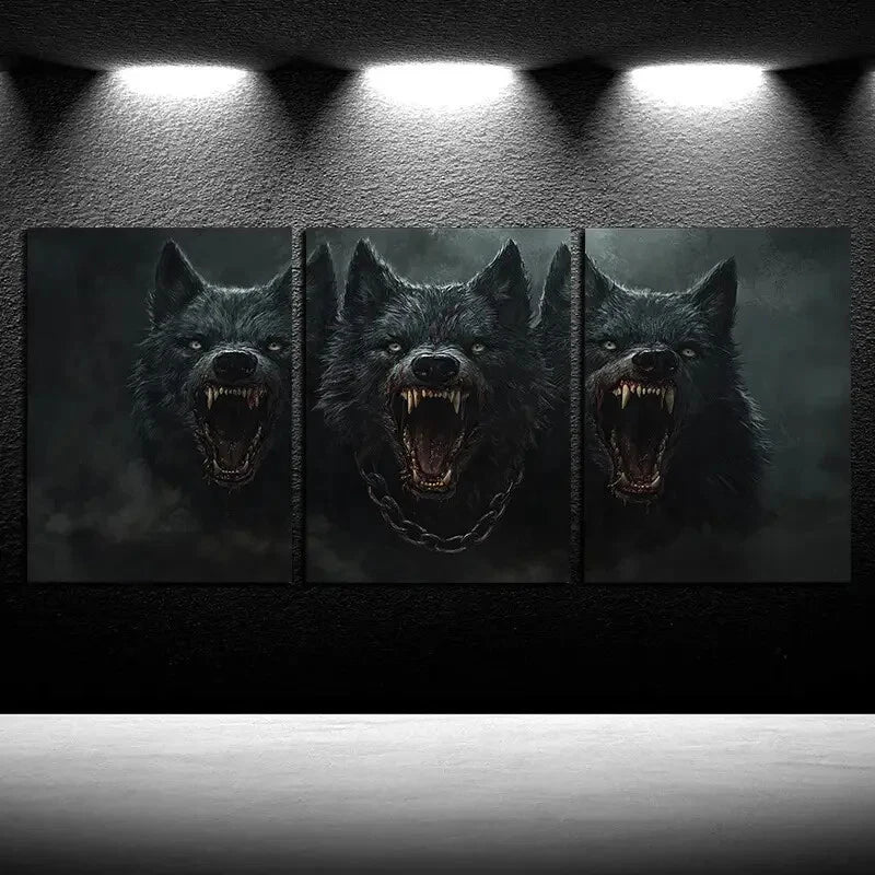 3pcs Wolf wearing a Chain around its Neck Design Metal Print Ready to Hang Art - Bella Home Decor
