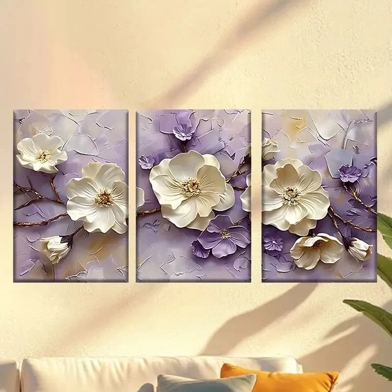 3pcs a painting of white flowers on a purple Wall Art Set Canvas Framed 60x90cm - High Quality Print 100% Australian Made Wall Canvas Ready to Hang - Bella Home Decor