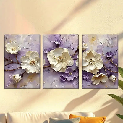 3pcs a painting of white flowers on a purple Wall Art Set Canvas Framed 60x90cm - High Quality Print 100% Australian Made Wall Canvas Ready to Hang - Bella Home Decor