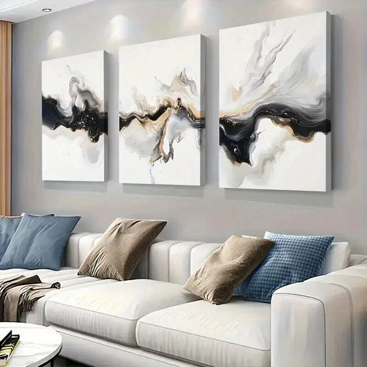 3pcs Elegant Black White And Golden Abstract Wall Art Set Canvas Framed 50x70cm - High Quality Print 100% Australian Made Wall Canvas Ready to Hang