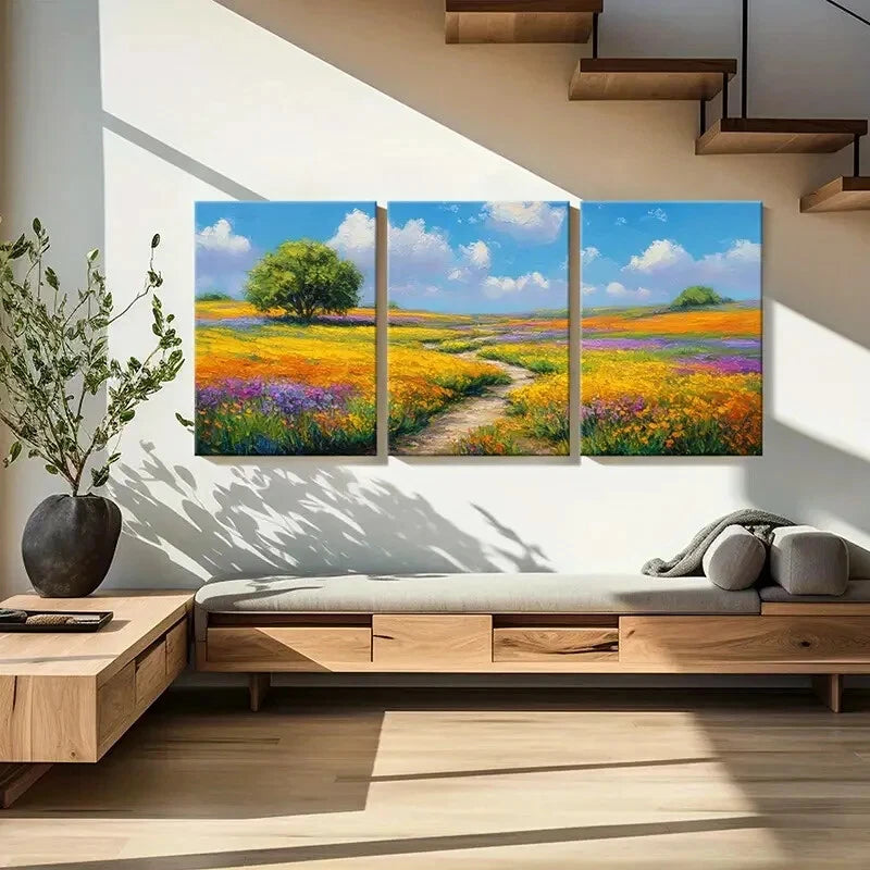 3pcs Landscape Painting Colorful Flowers Blue Sky Metal Print Ready to Hang Art - Bella Home Decor
