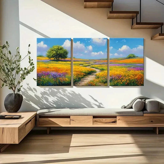 3pcs Landscape Painting Colorful Flowers Blue Sky Metal Print Ready to Hang Art