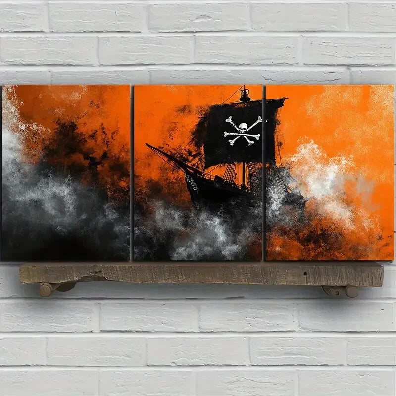 3pcs Black Boat Mural Painting Metal Print Ready to Hang Art - Bella Home Decor
