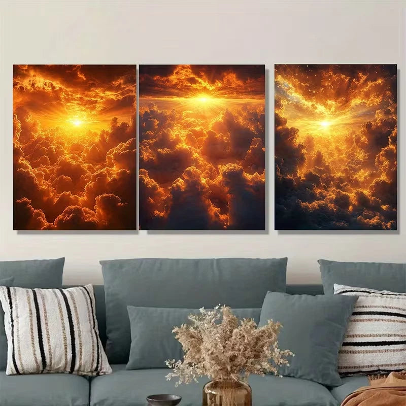 3pcs The Brilliant Sun Piercing Through Clouds Metal Print Ready to Hang Art